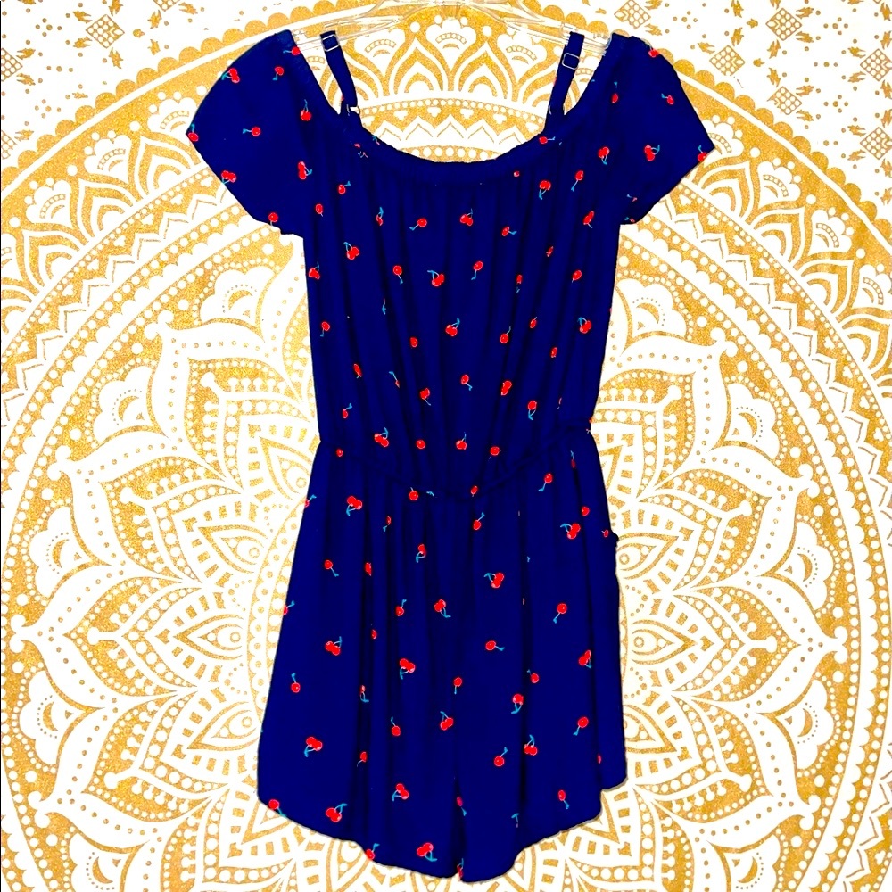 “ABERCROMBIE KIDS” GIRLS NAVY BLUE WITH CHERRIES SHORT SLEEVE ROMPER, SIZE 11/12